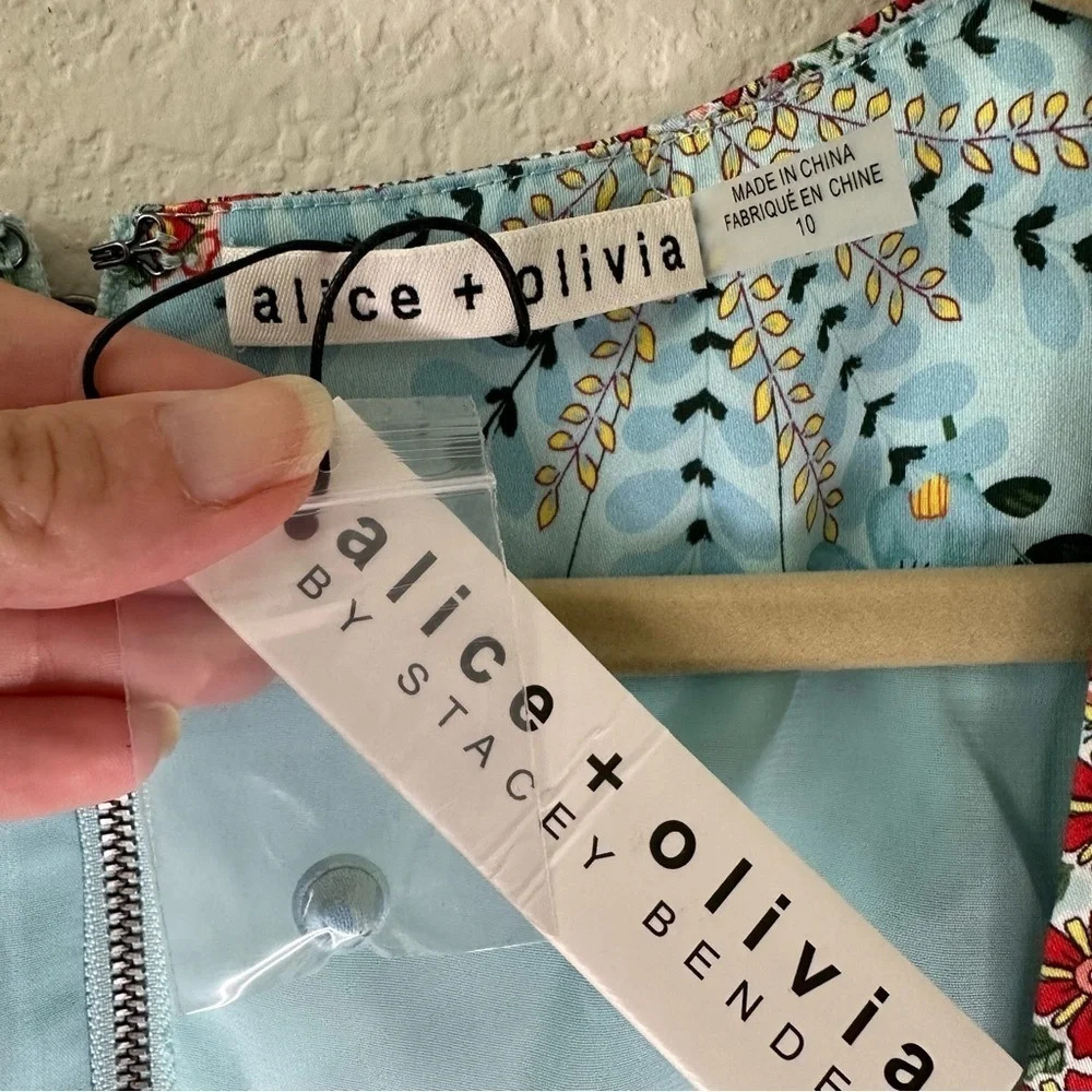 Alice + Olivia Floral Patchwork Midi Dress in Light Blue and Rust - Picture 4 of 10
